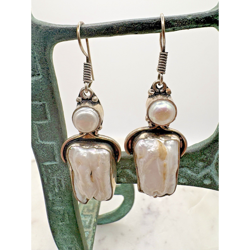 White Pearl Earrings Sterling Silver 925 Hadar Designers Dangle Drop